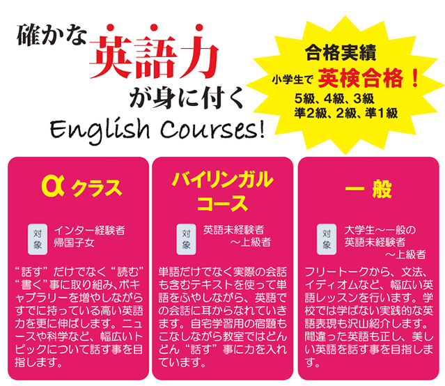 完全レベル別のクラス分けで、レベルに合った英語を学ぶ。
