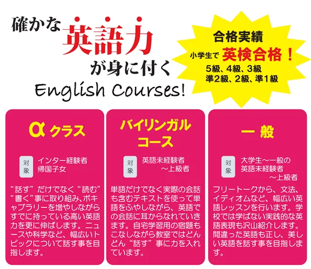 完全レベル別のクラス分けで、レベルに合った英語を学ぶ。 完全レベル別のクラス分けで、レベルに合った英語を学ぶ。